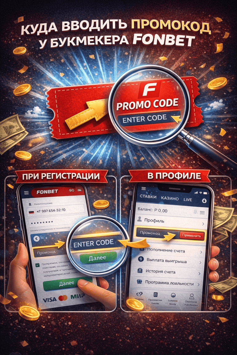 Де вводити промокод на платформі Fonbet під час реєстрації, поповнення рахунку або в особистому кабінеті